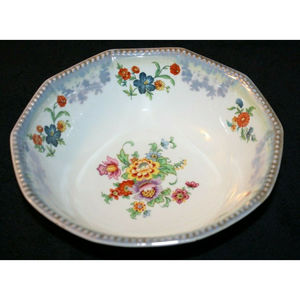 VINTAGE PORCELAIN BOWL WHITE WITH COLORFUL FLOWERS BEADED EDGING 8 1/4" ACROSS